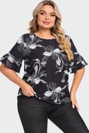 Plus Size Floral Print Round Neck Ruffle Sleeves Top