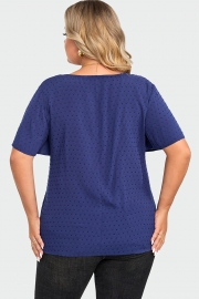 Dark Blue Solid Button V Neck Ruffles Blouse