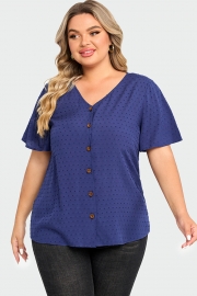 Dark Blue Solid Button V Neck Ruffles Blouse