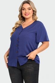 Dark Blue Solid Button V Neck Ruffles Blouse
