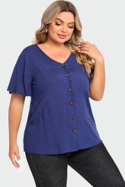 Dark Blue Solid Button V Neck Ruffles Blouse