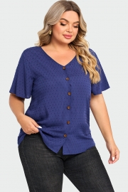 Dark Blue Solid Button V Neck Ruffles Blouse