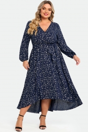 V-Neck Pocket High Low Hem Belted Wrap Dress