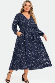V-Neck Pocket High Low Hem Belted Wrap Dress