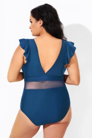 Navy Ruffle Plunge V Neck Plus Size One Piece Swimsuit