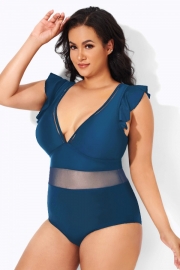 Navy Ruffle Plunge V Neck Plus Size One Piece Swimsuit