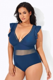 Navy Ruffle Plunge V Neck Plus Size One Piece Swimsuit