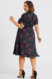 Floral Print V-Neck Puff Sleeves Ruffles Midi Dress