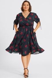Floral Print V-Neck Puff Sleeves Ruffles Midi Dress