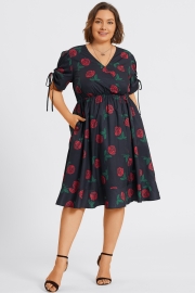 Floral Print V-Neck Puff Sleeves Ruffles Midi Dress