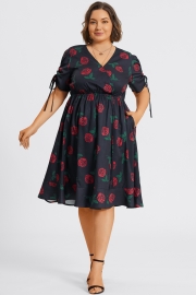 Floral Print V-Neck Puff Sleeves Ruffles Midi Dress