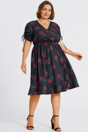 Floral Print V-Neck Puff Sleeves Ruffles Midi Dress
