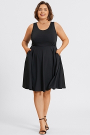 Square Neck Sleeveless Front Pocket Skater Midi Dress