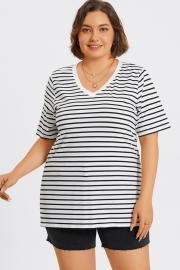 Stripe V-Neck Half Sleeve Side Slit Long Tee