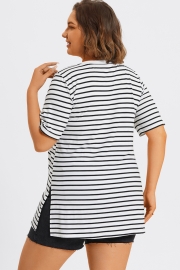 Stripe V-Neck Half Sleeve Side Slit Long Tee