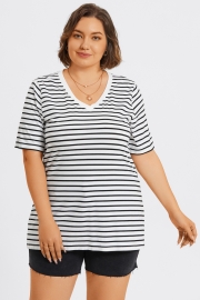 Stripe V-Neck Half Sleeve Side Slit Long Tee