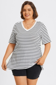 Stripe V-Neck Half Sleeve Side Slit Long Tee