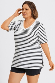 Stripe V-Neck Half Sleeve Side Slit Long Tee
