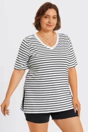 Stripe V-Neck Half Sleeve Side Slit Long Tee