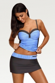 Women Sweetheart Blue Grey Color Block Tankini Swimsuit with Swim Skirt 2 Piece Set