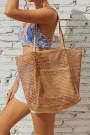 Brown Mesh Shoulder No-Closure Waterproff Beach Bag