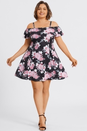 Floral Print Cold Shoulder Flutter Sleeve Midi Dress
