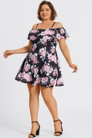 Floral Print Cold Shoulder Flutter Sleeve Midi Dress