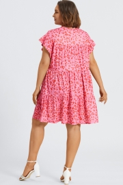 Pink Leopard Print Ruffle Short Sleeves Midi Dress