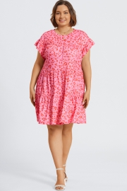 Pink Leopard Print Ruffle Short Sleeves Midi Dress