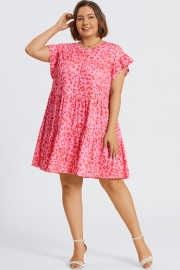 Pink Leopard Print Ruffle Short Sleeves Midi Dress