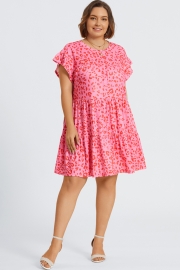 Pink Leopard Print Ruffle Short Sleeves Midi Dress