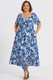 Floral Print Square Neck Pocket Ruffle Hem Maxi Dress