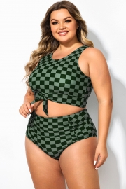 Plus Size Green Check Knotted Crop Bikini Top