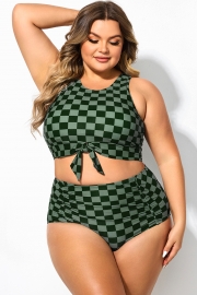 Plus Size Green Check Knotted Crop Bikini Top