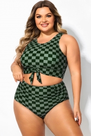 Plus Size Green Check Knotted Crop Bikini Top