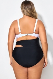 Plus Size Black＆White Colorblock Cutout One Piece Swimsuit