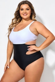 Plus Size Black＆White Colorblock Cutout One Piece Swimsuit