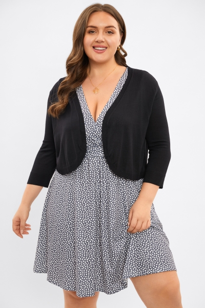 Black 3/4 Sleeves Rib Trim Short Loose Cardigan