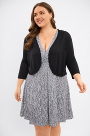 Black 3/4 Sleeves Rib Trim Short Loose Cardigan
