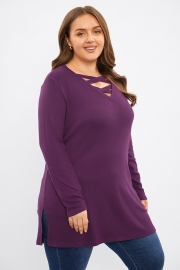 Purple Criss Cross Long Sleeve Loose Sweatshirt Tunic