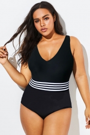 Black & White Striped V-Neck One Piece Swimsuit