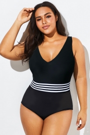 Black & White Striped V-Neck One Piece Swimsuit