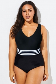 Black & White Striped V-Neck One Piece Swimsuit