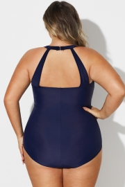 Navy H-Back Sarong Front One Piece Swimsuit