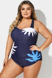 Navy H-Back Sarong Front One Piece Swimsuit