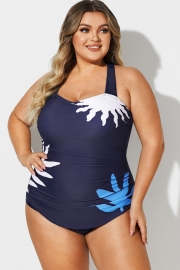 Navy H-Back Sarong Front One Piece Swimsuit