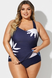 Navy H-Back Sarong Front One Piece Swimsuit