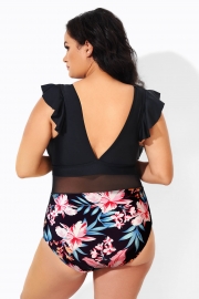 Floral Print Ruffle Plunge V-Neck One Piece Swimsuit