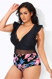 Floral Print Ruffle Plunge V-Neck One Piece Swimsuit