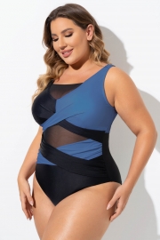 Black & Blue Sexy Cut Out Mesh One Piece Swimsuit